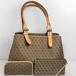 Dooney & Bourke Buckle Satchel Bag Purse Signature Monogram Canvas w/ 3 Pieces